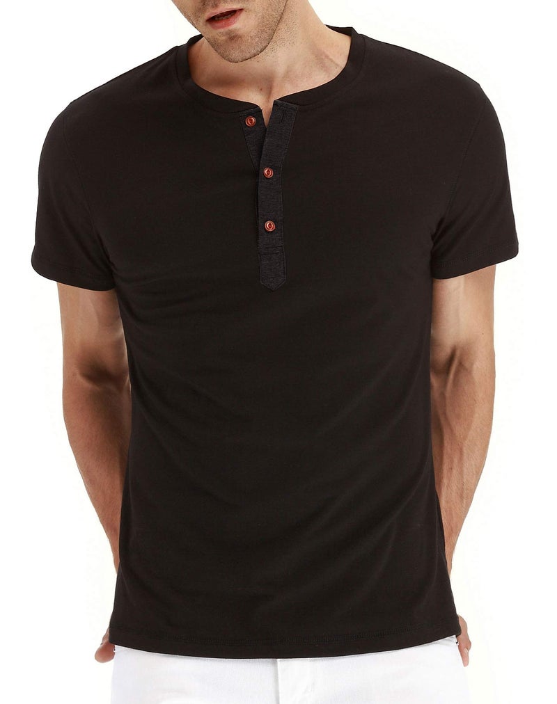 NITAGUT Mens Fashion Casual Front Placket Basic Short Sleeve Henley T-Shirts (M, 02 Black) - Image 1